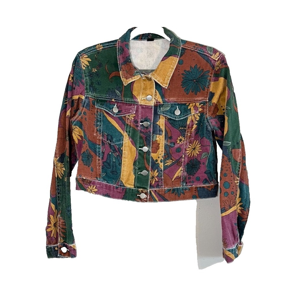 Colorful Denim Crop Jean Jacket M Boho Indie Festival Western Concert Retro 90s